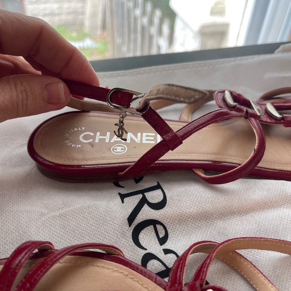 CHANEL Red Patent Leather Strappy Sandals with silver Tone Hardware - Picture 2 of 4
